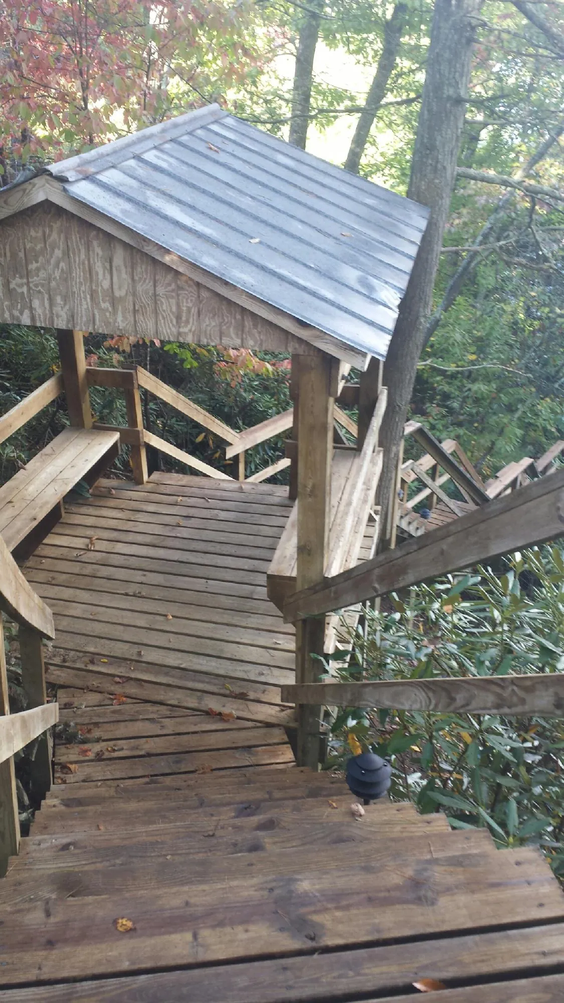 Metal roofed shelter over wooden steps on a wooded walkway — Skylight Repair & Installation work by our crew in Petersham